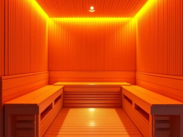 Modern infrared sauna interior with warm wooden benches and soft lighting.