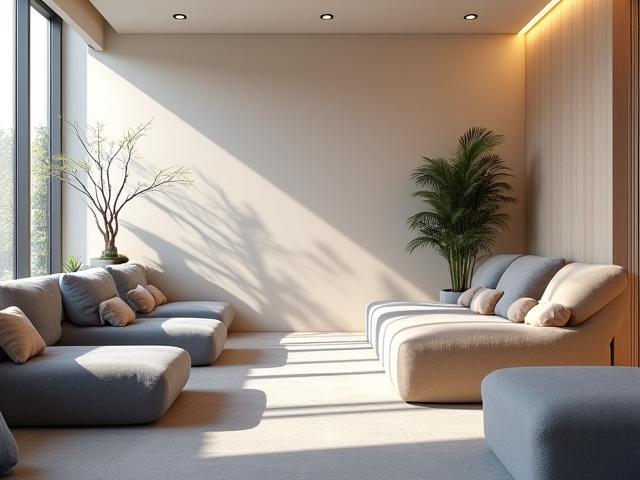 Serene relaxation area with comfortable seating and diffused lighting near wellness facilities.