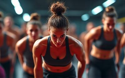 High-energy bootcamp class with members performing burpees