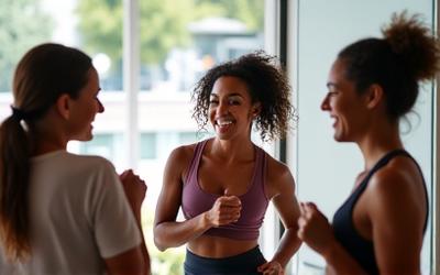 Smiling members interacting after a successful group workout