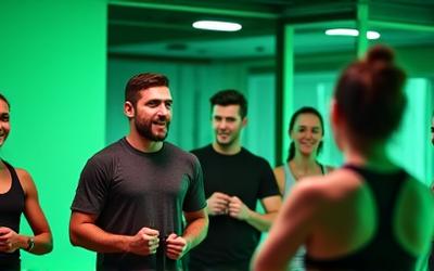 Instructor motivating class during an active HIIT circuit