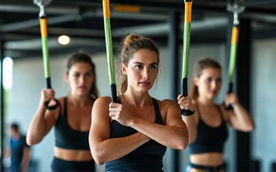 Members utilizing TRX suspension trainers for strength exercises