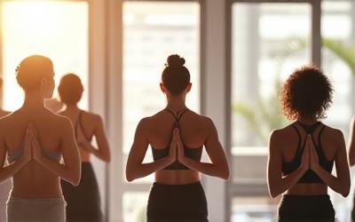 Group yoga session in a tranquil, sunlit studio