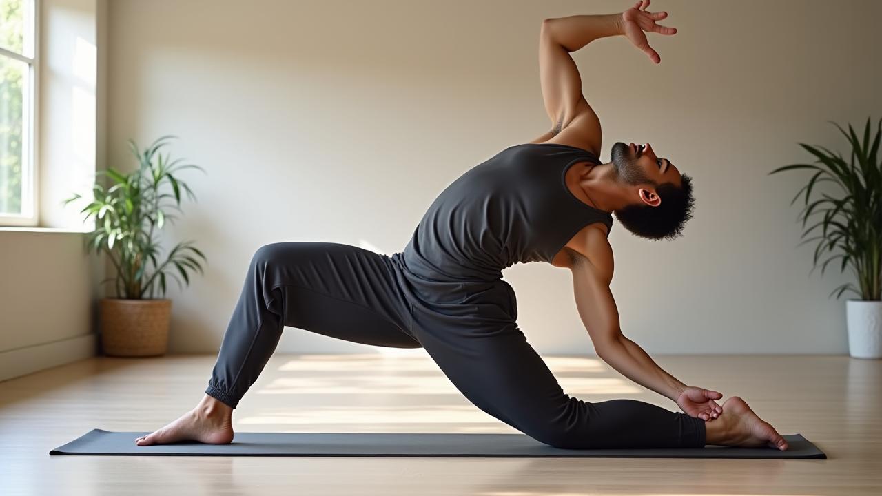 David Miller demonstrating a complex yoga pose with serene precision