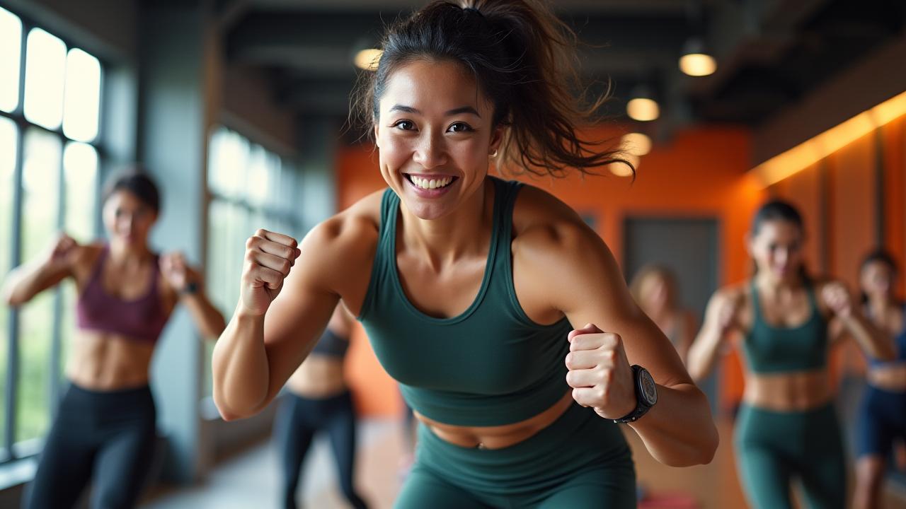 Dynamic shot of Maria Chen leading a high-energy HIIT class