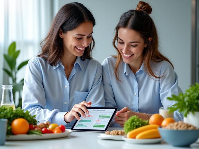 A nutritionist consulting with a client, healthy foods on a table, and a tablet displaying data.