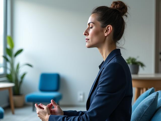 Relaxed professional practicing mindfulness in a modern, serene wellness space after a recovery session