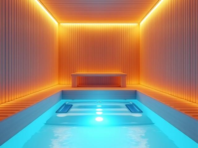 Modern infrared sauna interior with soft lighting and a nearby cold plunge tub