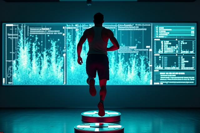 Athlete performing a diagnostic jump on force plates, with data displayed on a nearby monitor, illustrating power analysis.