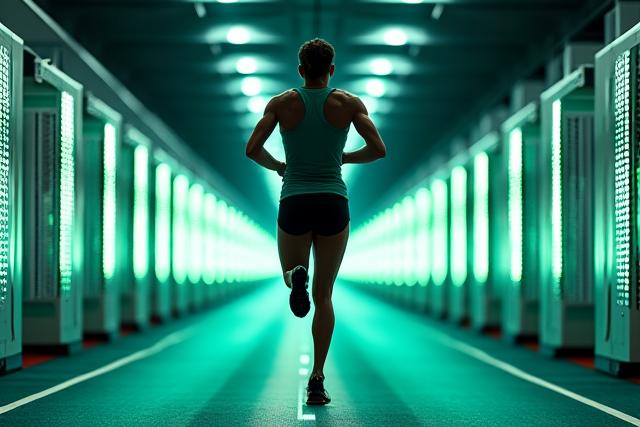 Athlete sprinting through laser timing gates on a track, demonstrating speed measurement technology.