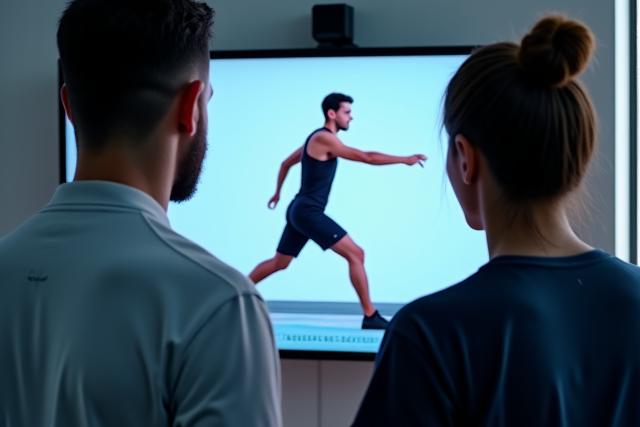 Coach reviewing slow-motion video footage of an athlete's movement on a large screen, pointing out technical details for improvement.